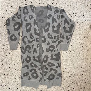 Leopard Print Gray Cardigan Sweater small but runs small